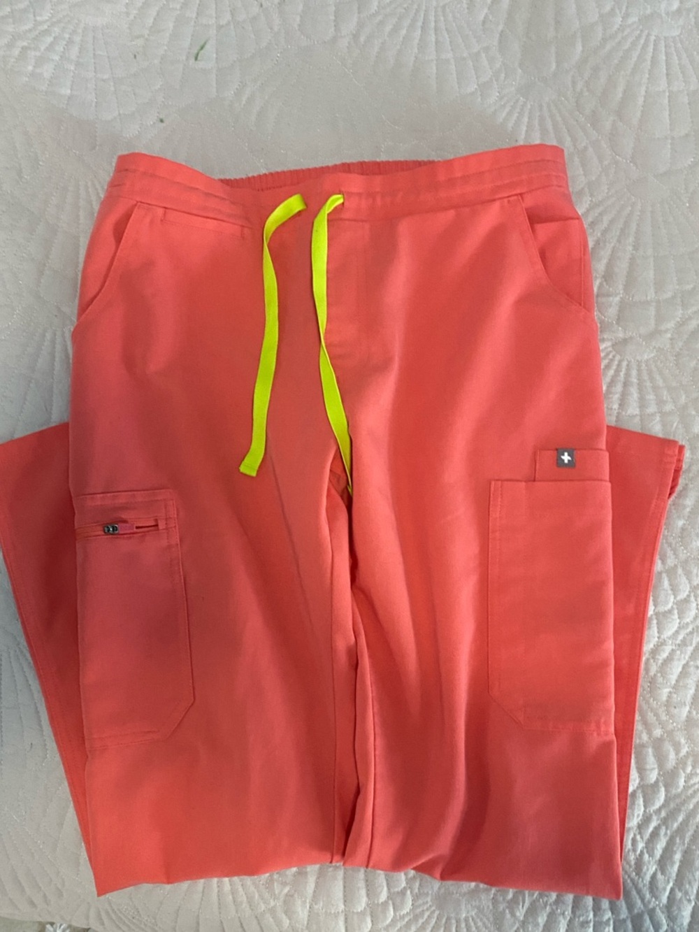 Figs Women's Coral Zamora Scrub Pants with Neon Yellow Drawstring - Picture 4 of 5